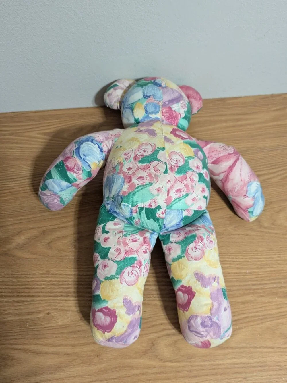 VINTAGE HANDMADE FLORAL FABRIC TEDDY BEAR